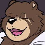 anthro bear ben_bigger brown_body brown_fur clothed clothed_anthro clothed_male clothing emote eye_scar facial_scar fur hi_res male male_anthro mammal mihoyo one_eye_closed scar shyybuchi simple_background solo teeth tongue zenless_zone_zero