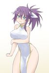  arm_across_waist bare_shoulders blue_eyes blush breasts china_dress chinese_clothes contrapposto covered_navel covered_nipples cowboy_shot dress hair_between_eyes hair_ribbon imura_(shiro_maru) large_breasts long_hair looking_at_viewer no_panties original pelvic_curtain ponytail purple_hair ribbon shiro_maru side_slit solo standing sweatdrop 