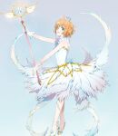  1girl bare_shoulders brown_hair cardcaptor_sakura crown dress full_body gloves green_eyes high_heels highres holding holding_wand kinomoto_sakura looking_at_viewer open_mouth rii2a77ru short_hair smile solo wand white_dress white_gloves 