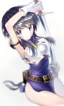  1girl armor armpits belt breastplate fire_emblem fire_emblem:_genealogy_of_the_holy_war gloves highres holding holding_sword holding_weapon kwz_ini larcei_(fire_emblem) looking_to_the_side purple_tunic scabbard sheath short_hair shoulder_armor sidelocks simple_background smile solo sword thighs tomboy tunic unsheathing weapon 