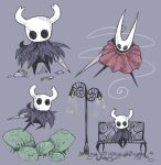  2019 2_horns ambiguous_gender anthro arthropod bench black_body blue_clothing blue_robe clothing colored cracked_mask cracks duo featureless_crotch female fungus graskip hi_res holding_melee_weapon holding_object holding_sword holding_weapon hollow_knight horn hornet_(hollow_knight) insect jumping lights mask melee_weapon mushroom no_pupils obscured_eyes on_bench park_bench pose purple_background red_clothing red_robe robe rock shadow simple_background sitting sitting_on_bench standing street_lamp string sword sword_in_mouth team_cherry the_knight_(hollow_knight) vessel_(species) weapon white_mask 