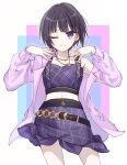  1girl ;) belt black_hair cropped_shirt hands_up highres idolmaster idolmaster_cinderella_girls jacket light_smile long_sleeves looking_at_viewer loose_belt midriff one_eye_closed purple_eyes purple_jacket purple_shirt purple_skirt sado_(38kun) shirayuki_chiyo shirt short_hair skirt sleeveless sleeveless_shirt smile solo twitter_username 