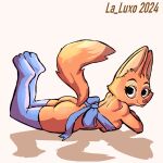 anthro breasts butt canid canine clothing diane_foxington dreamworks female fox hi_res la_luxo legwear lying mammal on_front ribbons solo stockings the_bad_guys watermark