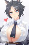  1girl absurdres ahoge animal_ears black_hair black_necktie breasts commentary fuji_kiseki_(umamusume) grey_background heart highres huge_breasts kouma_(kumkouma) multicolored_hair necktie shirt short_hair solo streaked_hair umamusume upper_body white_hair white_shirt 