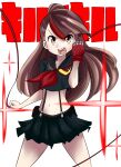  1girl 1other absurdres angry asymmetrical_bangs brown_hair company_connection cosplay crossover dress highres kagari_atsuko kamui_(kill_la_kill) kill_la_kill life_fiber little_witch_academia long_hair lucyfer matoi_ryuuko matoi_ryuuko_(cosplay) miniskirt navel red_hair sailor_dress senketsu shouting skirt thighs v-shaped_eyebrows voice_actor_connection 