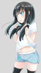 :o alternate_costume alternate_hairstyle asashio_(kantai_collection) bangs black_hair black_legwear blue_eyes blue_hair blush comah commentary_request contrapposto cowboy_shot eyebrows_visible_through_hair gradient_hair grey_background hair_ornament hair_scrunchie kantai_collection legs_apart long_hair looking_afar looking_away low_twintails multicolored_hair navel open_mouth pocket ribbon scrunchie shirt short_sleeves simple_background solo standing stomach thighhighs tsurime twintails white_ribbon white_shirt 