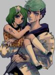  2boys beetle bug carrying child clothes_grab crossdressing facial_mark father_and_son green_hair grey_background hair_ornament higashikata_jobin higashikata_tsurugi highres jojo_no_kimyou_na_bouken jojolion looking_at_viewer multiple_boys origami paper_moon_king swampland 