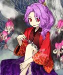  1girl blue_background flower high_ponytail highres holding holding_smoking_pipe japanese_clothes kaigen_1025 kimono komakusa_sannyo long_skirt looking_at_viewer looking_back print_kimono print_skirt purple_hair purple_skirt red_eyes red_kimono skirt smoking_pipe solo touhou tree wavy_hair wide_sleeves 