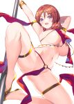  1girl :d absurdres alternate_breast_size armlet arms_up breast_curtains breasts bucchake_(asami) circlet commission dancer gold gold_footwear highres large_breasts love_live! love_live!_school_idol_project medium_hair nishikino_maki pelvic_curtain pixiv_commission pole pole_dancing purple_eyes red_hair revealing_clothes smile solo stripper_pole thighlet 
