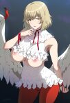  1girl blonde_hair blush breast_cutout breasts breasts_out cameltoe dungeon_meshi falin_touden falin_touden_(chimera) feathered_wings feathers hair_around_ear highres joy_ride large_breasts looking_at_viewer monster_girl nipples open_mouth pants red_pants shirt short_hair skin_tight sleeveless sleeveless_shirt solo white_feathers white_shirt wings yellow_eyes 