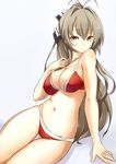  amagi_brilliant_park antenna_hair arm_support asya bare_arms bare_shoulders bikini body_blush breasts brown_eyes brown_hair cleavage closed_mouth commentary_request eyebrows_visible_through_hair hair_between_eyes highres long_hair looking_at_viewer medium_breasts navel o-ring o-ring_bottom o-ring_top ponytail red_bikini sento_isuzu shiny shiny_skin sitting solo swimsuit thigh_gap very_long_hair 