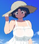  1girl blue_hair blue_sky blush breasts dress hat highres large_breasts mage_(harumagedon) ranma_1/2 shadow short_hair sky smile solo tendou_akane variant_set white_dress 