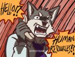 canid canine canis clothed clothing countershade_face countershade_fur countershading english_text eyebrows fingers fruitz fur grey_body grey_fur hello_human_resources hi_res mammal meme mike_(fruitz) necktie open_mouth text wolf