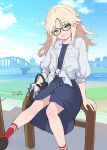  1girl aqua_eyes bag bespectacled blonde_hair blue_dress blue_sky blush bridge collared_shirt commentary_request day dress fate/apocrypha fate_(series) glasses handbag highres long_hair looking_at_viewer mordred_(fate) mozu_(peth) outdoors river shirt sitting sky smile solo teeth tied_shirt 