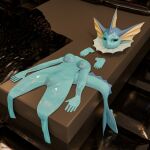  absurd_res anthro bed bedroom_eyes clothing eeveelution female furniture generation_1_pokemon hi_res kurolatex latex latex_clothing latex_skinsuit living living_latex looking_at_viewer narrowed_eyes nintendo pokemon pokemon_(species) seductive skinsuit solo tight_clothing vaporeon 