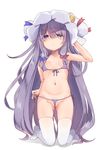  absurdly_long_hair bangs bikini blue_bow blush bow breasts crescent crescent_hair_ornament front-tie_bikini front-tie_top full_body hair_between_eyes hair_bow hair_ornament hat kedama_milk kneeling long_hair looking_at_viewer micro_bikini navel patchouli_knowledge purple_bikini purple_eyes purple_hair red_bow side-tie_bikini simple_background small_breasts solo swimsuit thighhighs touhou untied untied_bikini very_long_hair white_background white_legwear 
