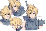  1boy aqua_eyes armor artist_name blonde_hair buster_sword closed_eyes cloud_strife earrings facing_viewer final_fantasy final_fantasy_vii final_fantasy_vii_rebirth final_fantasy_vii_remake furrowed_brow grey_shirt hair_between_eyes highres jewelry male_focus multiple_views noinoichebura open_mouth portrait profile shirt short_hair shoulder_armor single_bare_shoulder single_earring single_shoulder_pad sleeveless sleeveless_turtleneck solo spiked_hair suspenders sweatdrop turtleneck twitter_username upper_body weapon weapon_on_back white_background 