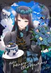  1girl ado_(utaite) adorozatorumary black_bow black_bowtie black_corset black_dress black_gloves black_hair blue_butterfly blue_eyes blue_flower blue_hair blue_rose bouquet bow bowtie bug butterfly cake chando_(ado) character_name cloud_nine_inc colored_inner_hair commentary_request corset cowboy_shot dated dress flower flower_brooch food gloves ha-chan_(ado) happy_birthday head_wreath highres holding holding_bouquet holding_plate long_hair long_sleeves mole mole_under_eye multicolored_hair parted_lips plate rose sanrio sidelocks solo utaite wasabe1020 