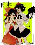  2girls ascot bird_wings black_bow black_bowtie black_eyes black_hair black_skirt black_wings blush bow bowtie broom collared_shirt commentary_request dated detached_sleeves english_text frilled_bow frilled_hair_tubes frills hair_bow hair_tubes hakurei_reimu hand_on_another&#039;s_shoulder hat highres holding holding_broom long_hair mori777se multiple_girls open_mouth red_bow red_eyes red_hat red_skirt shameimaru_aya shirt short_hair skirt skirt_set smile sweatdrop tokin_hat touhou white_shirt wings yellow_ascot 