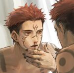  1boy black_hair blood extra_eyes facial_tattoo highres jujutsu_kaisen lips male_focus mirror multicolored_hair nail_polish nosebleed parted_lips pink_hair reflection ryoumen_sukuna_(jujutsu_kaisen) short_hair shoulder_tattoo solo tattoo two-tone_hair woshihedawei 