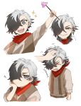  1boy absurdres aged_down alternate_hairstyle black_hair boke_aho_nara boothill_(honkai:_star_rail) grey_eyes highres honkai:_star_rail honkai_(series) male_focus multicolored_hair multiple_views open_mouth red_scarf scarf sharp_teeth shirt short_hair smile split-color_hair teeth two-tone_hair white_background white_hair 