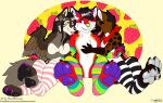  2018 absurd_res alst anthro canid canine canis clothing feet female food foot_fetish foot_focus foot_play footwear footwear_only fox fruit group hi_res hug hyena majira_strawberry male mammal menzo mexican_wolf mostly_nude pawpads paws plant smile socks socks_only strawberry thaismotosuwa trio wings wolf 