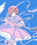  1girl antenna_hair blue_sky blush brown_hair capelet cardcaptor_sakura dress frilled_dress frills fuuin_no_tsue gloves green_eyes hat highres kinomoto_sakura long_ribbon neck_ribbon pink_capelet pink_dress pink_hat ribbon rii2a77ru short_hair sky smile solo wand white_gloves 