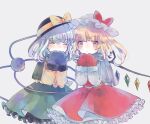  2girls ascot bat_wings black_gloves black_hat blonde_hair blouse bow buttons crystal diamond_button eyeball flandre_scarlet frilled_shirt_collar frilled_sleeves frills gloves green_hair green_skirt hat hat_bow hat_ribbon heart heart_of_string hiyuu_(hiyualice) komeiji_koishi mob_cap multicolored_wings multiple_girls one_side_up open_mouth puffy_short_sleeves puffy_sleeves red_eyes red_gloves red_skirt red_vest ribbon shirt short_sleeves side_ponytail skirt skirt_set touhou vest white_background white_hat wide_sleeves wings yellow_ascot yellow_bow yellow_ribbon yellow_shirt 