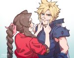  1boy 1girl aerith_gainsborough aqua_eyes armor artist_name bandaged_arm bandages blonde_hair blue_shirt blush braid braided_ponytail brown_hair buster_sword closed_eyes cloud_strife cropped_jacket earrings final_fantasy final_fantasy_vii final_fantasy_vii_rebirth final_fantasy_vii_remake furrowed_brow gradient_background grin hair_ribbon hands_on_another&#039;s_cheeks hands_on_another&#039;s_face highres jacket jewelry long_hair looking_at_another noinoichebura parted_bangs parted_lips pink_ribbon red_jacket ribbon shirt short_hair short_sleeves shoulder_armor sidelocks single_bare_shoulder single_braid single_earring single_shoulder_pad sleeveless sleeveless_turtleneck smile spiked_hair suspenders sweatdrop teeth turtleneck twitter_username upper_body weapon weapon_on_back 