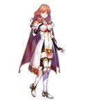  arm_guards armor armored_boots bangs black_legwear boots breastplate cape celica_(fire_emblem) detached_collar dress earrings eyebrows_visible_through_hair fingerless_gloves fire_emblem fire_emblem_echoes:_mou_hitori_no_eiyuuou fire_emblem_heroes full_body furikawa_arika gloves hair_ornament hairband hand_on_own_chest highres jewelry long_hair looking_at_viewer official_art puffy_sleeves red_eyes red_hair short_sleeves solo thighhighs tiara transparent_background zettai_ryouiki 