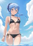  1girl absurdres ass_visible_through_thighs bikini black_bikini black_choker blue_eyes blue_hair blue_sky breasts choker closed_mouth cloud cowboy_shot day diptip floating_hair front-tie_bikini_top front-tie_top hair_ribbon highres hololive hoshimachi_suisei jewelry long_hair looking_at_viewer navel necklace outdoors ponytail revision ribbon side-tie_bikini_bottom sky small_breasts solo star_(symbol) star_in_eye stomach string_bikini sunlight swimsuit symbol_in_eye virtual_youtuber wading water wet 