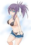  bikini bikini_under_clothes black_bikini blue_eyes blush breasts halterneck imura_(shiro_maru) large_breasts open_fly original pants_pull ponytail purple_hair shiro_maru short_shorts shorts side-tie_bikini solo strap_gap string_bikini sweat swimsuit 