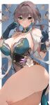  1girl absurdres bare_shoulders bead_necklace beads black_gloves blush breasts brown_hair cleavage commentary_request commission covered_navel dress dx_(xxer4838) floral_print gloves hair_intakes highres honkai:_star_rail honkai_(series) jewelry large_breasts looking_at_viewer multicolored_clothes multicolored_dress necklace ruan_mei_(honkai:_star_rail) skeb_commission solo strapless strapless_dress thick_thighs thighs upper_body yellow_eyes 
