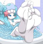  2017 5_toes anthro aqua_hair barefoot bath blue_eyes breasts foot_focus mammal marine mostlyfunstuff nintendo nude pinniped pok&eacute;mon primarina toes video_games wet 