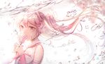  air_bubble bare_shoulders bubble cherry_blossoms collared_shirt covering_mouth crying crying_with_eyes_open detached_sleeves flower frilled_shirt frills hair_between_eyes hair_flower hair_ornament hatsune_miku holding long_hair ozzingo pink_eyes pink_hair sakura_miku shirt sleeveless sleeveless_shirt solo spring_(season) submerged tears twintails underwater upper_body vocaloid white_background white_shirt 