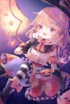  1girl bat_wings blonde_hair bow bowtie crystal flandre_scarlet ghost halloween halloween_costume happy_halloween hat highres hiyuu_(hiyualice) multicolored_wings one_side_up open_mouth pumpkin red_eyes side_ponytail skirt solo teeth thighhighs touhou wings witch_hat yellow_skirt 