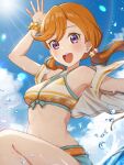  1girl absurdres bikini birthday blue_sky blush bracelet cloud cloudy_sky commentary highres jewelry kyaku_tasu long_hair looking_at_viewer love_live! love_live!_superstar!! low_twintails orange_hair purple_eyes shibuya_kanon signature sky solo swimsuit twintails upper_body water_drop 