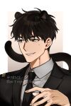  1blgs 1boy animal_ears black_coat black_eyes black_necktie black_suit border brown_hair cat_boy cat_ears cat_tail coat collared_shirt gradient_background grin highres jeong_taeui male_focus necktie passion_(manhwa) portrait shirt smile solo suit sweatdrop tail twitter_username white_border white_shirt 