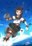  adapted_turret arimura_yuu black_hair black_sailor_collar black_skirt blue_neckerchief blue_sky cannon cloud day fubuki_(kancolle) fubuki_kai_ni_(kancolle) green_eyes highres kantai_collection low_ponytail machinery medium_hair neckerchief outdoors pleated_skirt sailor_collar sailor_shirt shirt short_ponytail short_sleeves skirt sky turret water white_shirt 