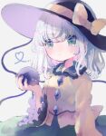  1girl black_hat blouse bow buttons diamond_button eyeball frilled_shirt_collar frilled_sleeves frills green_hair hat hat_bow hat_ribbon heart heart_of_string hiyuu_(hiyualice) komeiji_koishi ribbon shirt solo third_eye touhou upper_body wide_sleeves yellow_bow yellow_ribbon yellow_shirt 