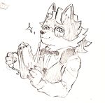 absurd_res anthro bow_tie canid canine canis claws clothing esperdica eyewear fur glasses hayata_461 hi_res holding_object lifewonders live_a_hero male mammal pen_(artwork) server shirt sketch solo topwear traditional_media_(artwork) vest wolf