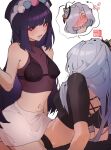  2girls @_@ absurdres alternate_costume artist_logo artist_name bare_shoulders blush breasts covered_nipples crop_top fang flying-frappuccino genshin_impact grey_hair hair_over_one_eye highres long_hair lower_teeth_only medium_breasts midriff multiple_girls navel pom_pom_(clothes) purple_hair see-through shenhe_(genshin_impact) spiral-only_eyes teeth tongue yun_jin_(genshin_impact) yuri 