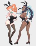  2girls absurdres ahoge alternate_breast_size alternate_costume alternate_hairstyle animal_ear_hairband animal_ears aqua_eyes aqua_nails armlet ass ass_focus ass_visible_through_thighs backless_outfit bare_arms bare_back bare_shoulders black_bow black_bowtie black_hair black_leotard black_thighhighs blue_eyes blue_eyeshadow blue_hair blush bow bowtie breasts cleavage closed_mouth commentary cowboy_shot cup dark-skinned_female dark_skin detached_collar earrings eyeshadow fake_animal_ears fishnets from_behind gloves gold_earrings gonzarez hair_ornament hairband hand_on_own_hip heart heart_hair_ornament highres holding holding_tray hoop_earrings huge_breasts jewelry large_breasts leotard light_blush long_hair looking_at_viewer looking_back makeup medium_breasts multicolored_hair multiple_girls nessa_(pokemon) one_eye_closed orange_hair playboy_bunny pokemon pokemon_swsh ponytail rabbit_ear_hairband rabbit_ears rabbit_tail shiny_clothes side_ponytail simple_background skindentation smile sonia_(pokemon) sparkling_aura standing strapless strapless_leotard streaked_hair swept_bangs tail thighhighs tray wavy_hair white_background white_gloves white_wrist_cuffs wrist_cuffs 