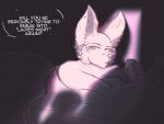 2022 5_fingers anthro applying_makeup bedding big_ears blanket canid canine dialogue digital_drawing_(artwork) digital_media_(artwork) ear_piercing english_text eyeliner femboy fingers fox hi_res light lighting lying makeup male mammal offscreen_character on_front personal_grooming piercing pillow ryan_(themercart) shaded shadow solo speech_bubble text themercart