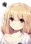  :t ahoge bangs blonde_hair blunt_bangs blush brown_eyes close-up closed_mouth collarbone eyebrows_visible_through_hair eyes_visible_through_hair face futaba_anzu gradient gradient_background hair_between_eyes idolmaster idolmaster_cinderella_girls long_hair looking_at_viewer messy_hair nakatokung oversized_clothes pout shirt solo twintails white_background white_shirt 