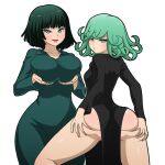  2girls ass black_dress blunt_bangs blunt_ends breast_lift breasts collared_dress curly_hair dress fubuki_(one-punch_man) green_dress green_eyes green_hair large_breasts looking_at_viewer mike_inel multiple_girls one-punch_man pelvic_curtain pout short_hair side_slit small_breasts spread_ass tatsumaki taut_clothes taut_dress 