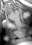  1boy 1girl breasts deepthroat fellatio goddess_of_victory:_nikke greyscale hair_between_eyes head_grab headgear hetero highres holding_another&#039;s_head indivilia_(nikke) long_hair looking_at_viewer monochrome multiple_views oral penis redi_(rasec_asdjh) sketch solo_focus sweat veins veiny_penis 