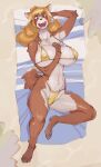 anthro beach beach_towel big_breasts bikini blonde_hair blue_eyes border_collie breasts brown_body brown_fur canid canine canis cleavage clothed clothing collie curvy_female curvy_figure domestic_dog female fur gold_bikini golden_week hair herding_dog hi_res long_hair mammal matola mitsy_fields_(wsad) pastoral_dog pinup pose sand sheepdog smile solo swimwear tan_body tan_fur teeth towel white_body white_fur