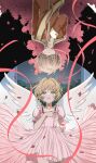  1boy 1girl brown_hair cardcaptor_sakura cherry_blossoms choker closed_eyes commentary_request dress green_eyes highres jacket kinomoto_sakura li_syaoran looking_at_another open_mouth petals pink_dress pink_ribbon ribbon rii2a77ru short_hair star_(symbol) star_choker tears upside-down white_wings wings 