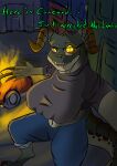 absurd_res anthro bethesda_softworks big_breasts bottomwear breasts car claws clothing deathclaw dialogue english_text eyebrows eyewear fallout female fire first_person_view freckles glasses glowing glowing_eyes grin grinning_at_viewer hi_res horn long_claws meme microsoft navel pants pupils raised_eyebrow scalie sharp_teeth shillcat shirt slit_pupils smile solo teeth text thick_thighs toe_claws topwear vehicle yellow_eyes